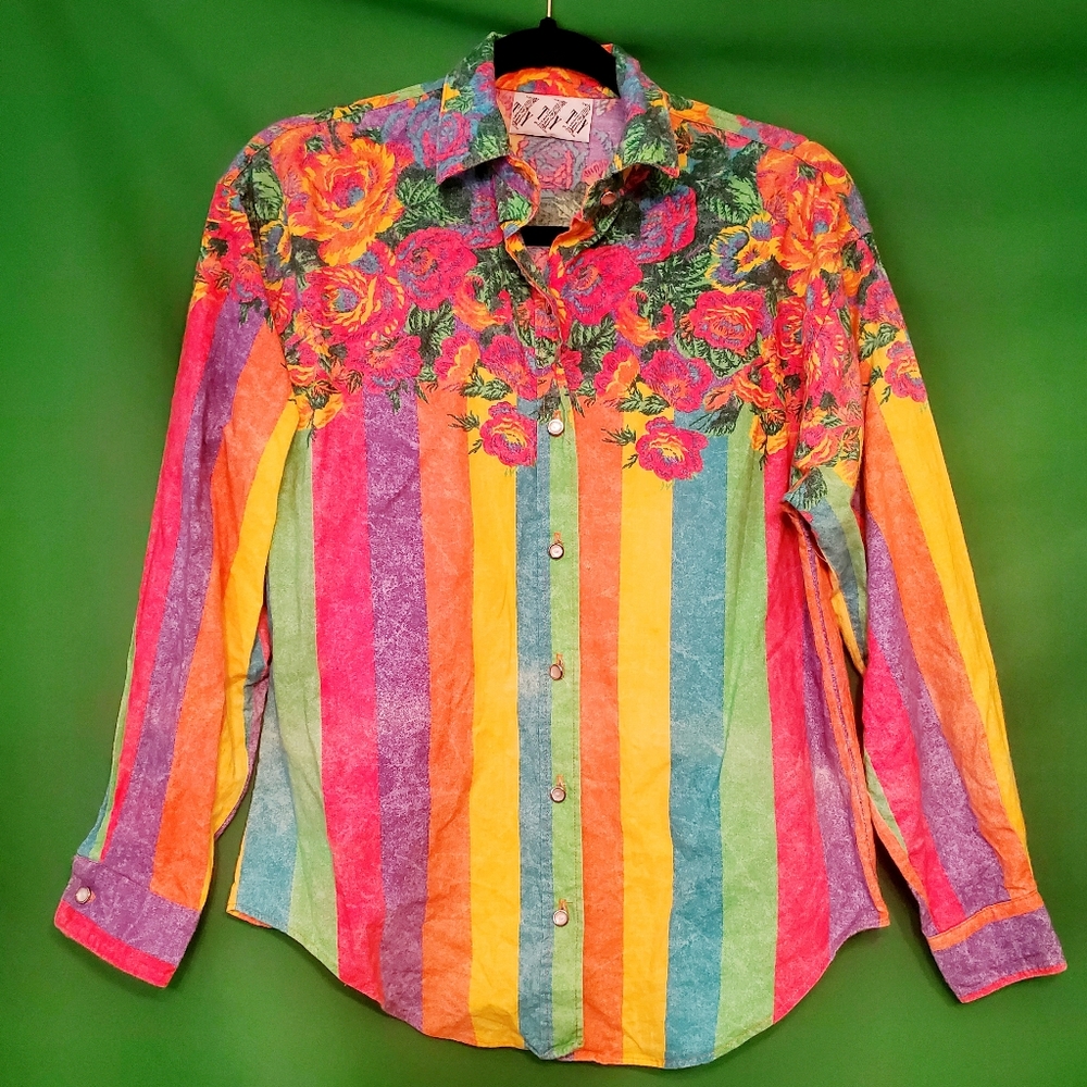 Vintage rainbow floral striped 70s/80s pride colors cotton button up dress shirt